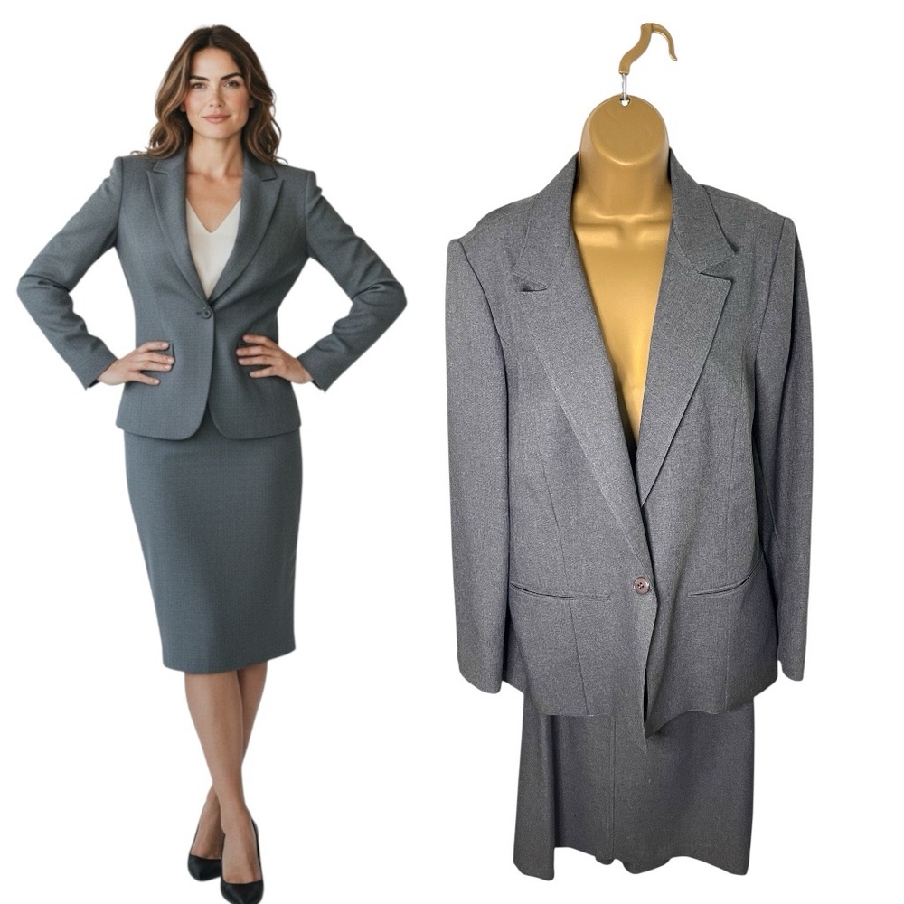 Vintage 70s Levi Strauss & Co Tailored Blazer Skirt Suit Set Midi Gray 38/32